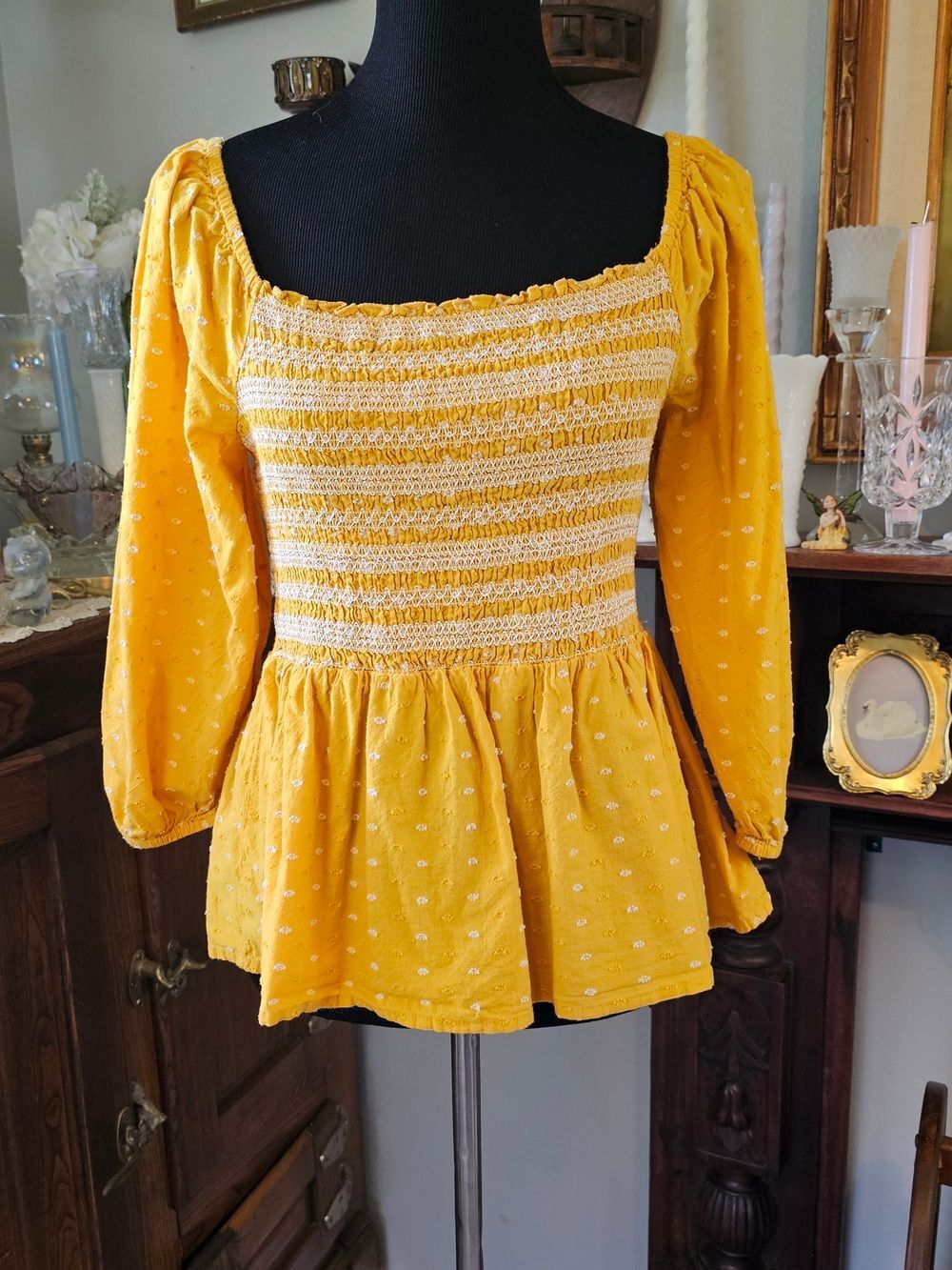 Crown & Ivy Mustard Smocked Swiss Dot Peplum Top Cottagecore M